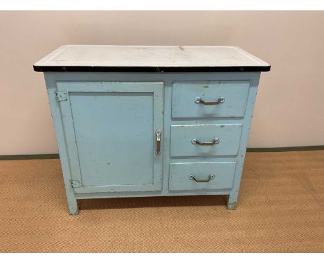 A vintage metal kitchen unit, height 77cm, width 92cm wide, depth 47cm.