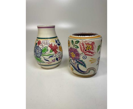 POOLE POTTERY; a hand painted vase of cylindrical form decorated with stylised floral and leaf design, impressed mark to base