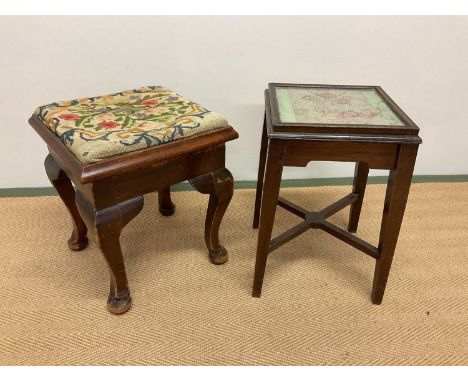 Two mahogany stools, one with tapestry top, height 44cm and one with beadwork glazed top, height 48cm (2)