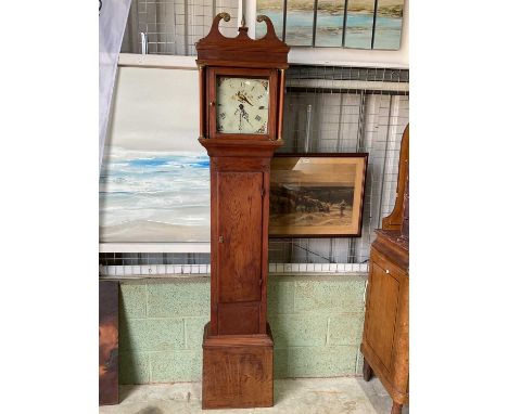 A pine country longcase clock with pheasant decoration to face, with weight and pendulum, height 210cm, width 43cm