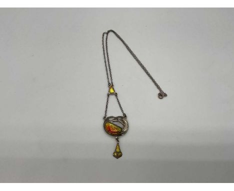 A sterling silver and enamel decorated Art Nouveau pendant on fine link chain, simply stamped 'Sterling'. 