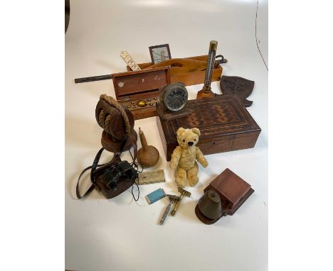 Assorted items to include a teddy bear, a clock, a box with marquetry, a brass thermometer, a coat of arms key rack and other