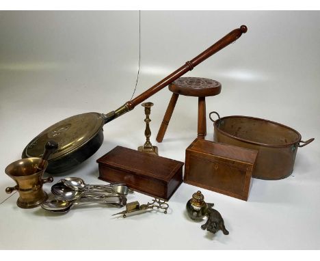 Collectors' items to include a carved wooden stool, a tea caddy, heavy brass mortar and pestle, candlestick, novelty ink well