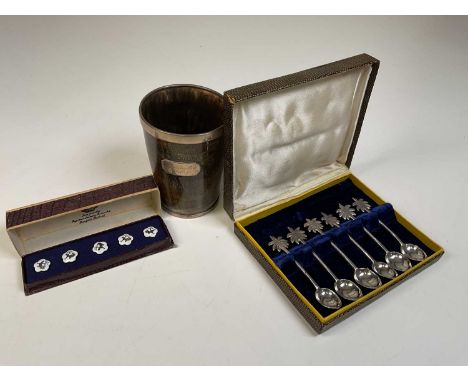 A Victorian polished horn and unmarked silver mounted beaker with indistinct description to a plaque, height 10.5cm, a boxed 
