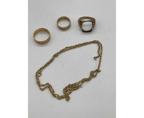 Two 9ct yellow gold wedding bands, a 9ct yellow gold ring mount and a 9ct gold chain, combined approx. 13.5g (4).