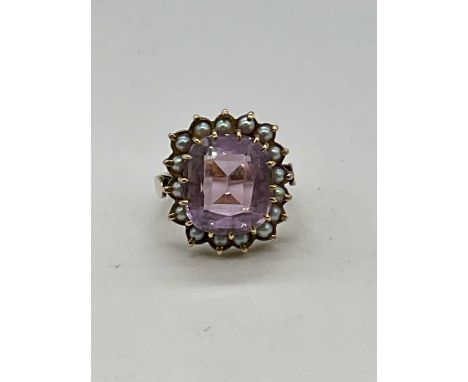 A 9ct yellow gold seed pearl and pale amethyst large dress ring, size M, approx. 9.4g. 