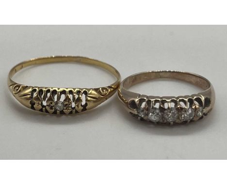 Two yellow metal diamond set rings both with obscured marks possibly 18ct, one set with five old cut diamonds, the second wit