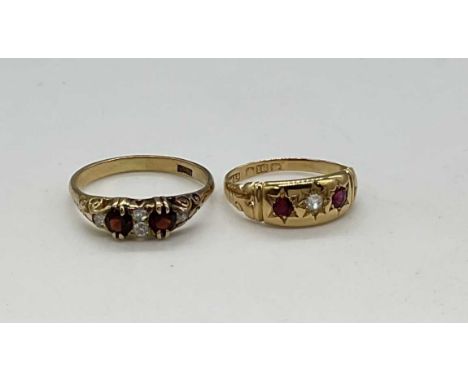 An 18ct yellow gold ruby and diamond three stone ring, size L and an 18ct yellow gold garnet and diamond ring, size P1/2, com