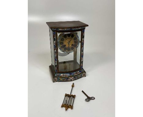 A late 19th century French gilt brass and champleve enamel, four glass mantel clock with eight day movement and Arabic numera