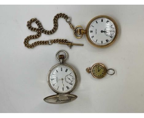 A silver crown wind full hunter pocket watch with enamel dial inscribed 'Hogg &amp; Shaw, Manchester', a gold plated Vertex p