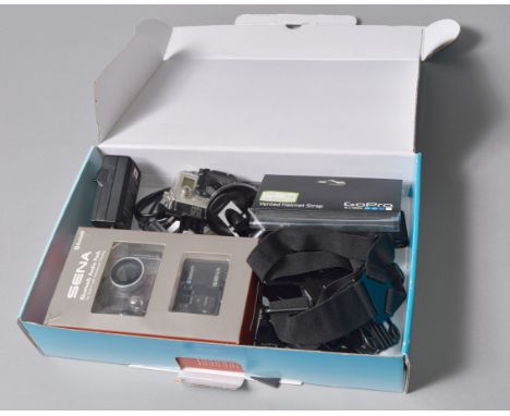 GoPro HERO 3 action/helmet camera. With waterproof case, SENA bluetooth audio pack, mains battery charger, 4 spare batteries,