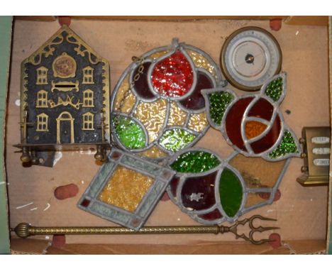 A mixed lot of collectables including a Victorian telescopic toasting fork, desk calendar, stained glass panels, a compass et