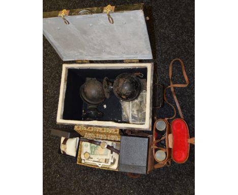A mixed lot of collectables including Rotary watches, binoculars, Brownie, vintage Lucas car horns and a metal lock box etc