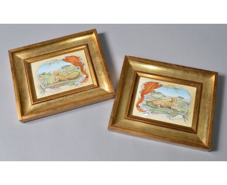 Pair of Halcyon Days enamel plaques named Cheetah. Framed 28.5cm x 23.5cm.