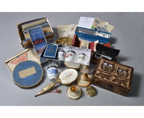 A mixed lot of collectables including Bartholemews maps, Royal Worcester, spectacles, film reels etc