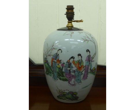 A late 19thC Chinese porcelain vase, converted to a lamp, decorated with female figures, in a garden setting&nbsp; 11.5"h&nbs