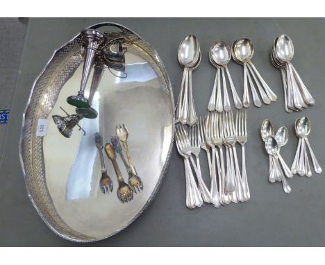 Silver plated tableware: to include an oval serving tray with a pierced galleried border&nbsp; 18"dia 