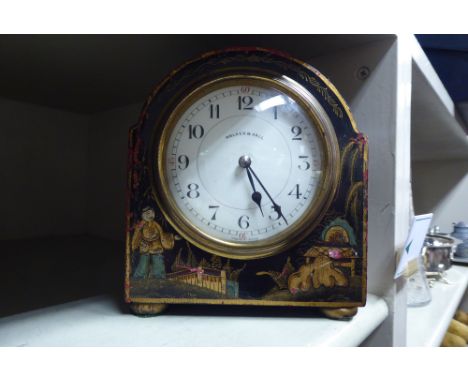 A 1920/30s Walker &amp; Hall chinoiserie design, black lacquered and overpainted mantel clock; faced by an Arabic dial&nbsp; 