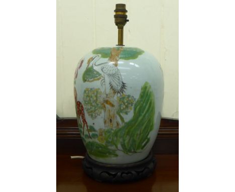 A 20thC Chinese porcelain table lamp, decorated with deer and flowers&nbsp; 13"h&nbsp; 