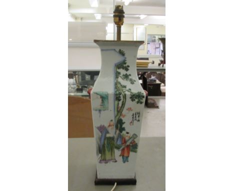 A 20thC Chinese porcelain vase lamp, decorated with figures and characters&nbsp; 17"h&nbsp; 