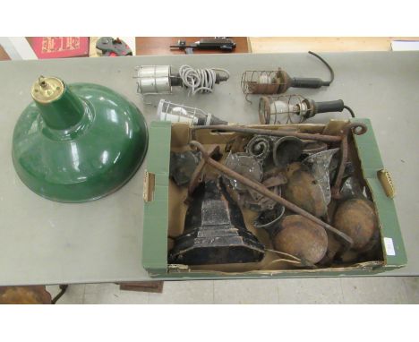 Vintage motorcar horns; inspection lights and a green/cream coloured enamelled steel industrial light shade&nbsp; 16"dia&nbsp