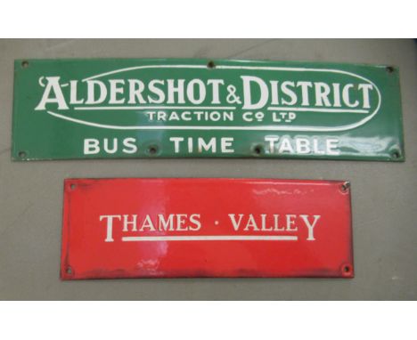 Two vintage enamelled steel signs, viz. Aldershot and District Traction Co bus timetable&nbsp; 3" x 12.5"; and Thames Valley&