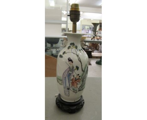 A 20thC Chinese porcelain vase lamp, decorated with figures, in a garden setting&nbsp; 10"h&nbsp; 