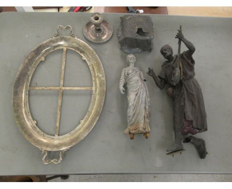 Functional and decorative metalware: to include two 19thC standing figures&nbsp; largest 16"h; and a silver plated, oval serv