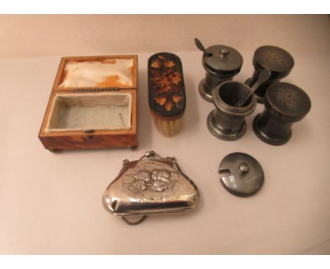Collectables: to include condiments; a silver purse and a tortoiseshell ring box 