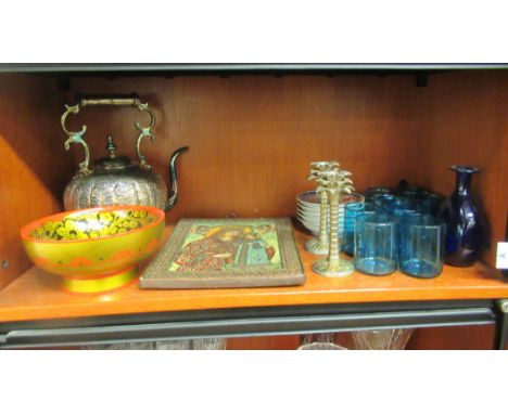 A mixed lot: to include an oversize silver plated tea pot 