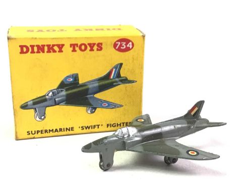 GROUP OF DINKY DIECAST MODEL VEHICLES, comprising a 736 Hawler hunter fighter, a 734 supermarine swift fighter, a 737 pib lig