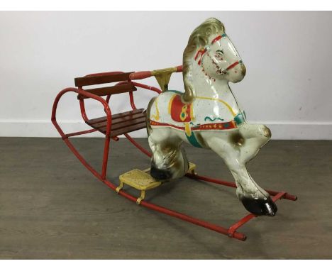 VINTAGE CHILD'S ROCKING HORSE CHAIR, fixed to a red painted metal frame97.5cm long