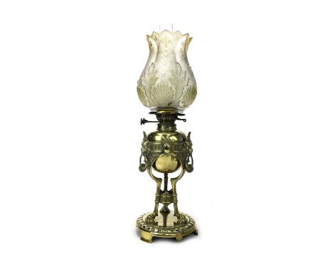 VICTORIAN BRASS OIL LAMP, the baluster glass shade engraved with scrolling foliage, interspersed with shells and acanthus lea