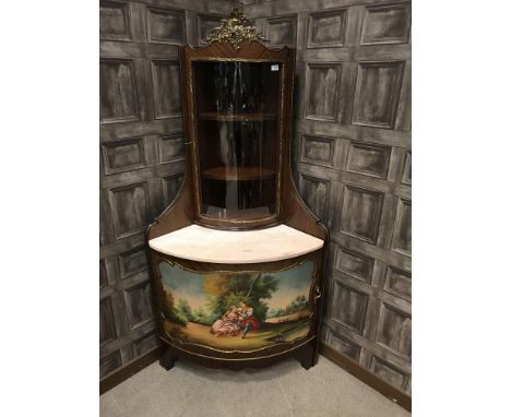 20TH CENTURY FRENCH STYLE BOW-FRONTED CORNER VITRINE, brass mounted pediment above a glazed door enclosing three shelves, abo