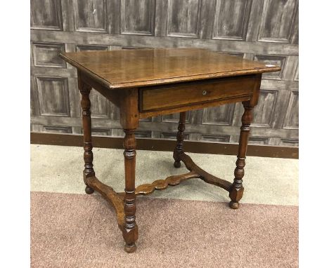 17TH CENTURY FRENCH WALNUT SIDE TABLE, with frieze drawer, on four turned tapering legs joined by a moulded H-stretcher, on b