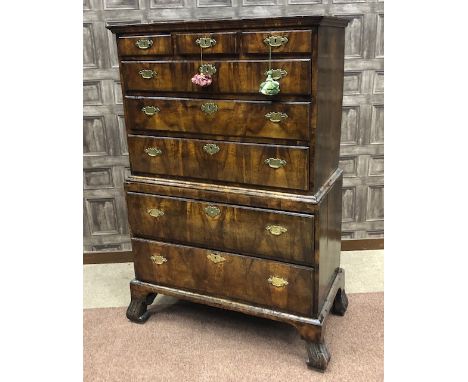 QUEEN ANNE WALNUT CHEST ON CHEST, with moulded cornice, the top chest with three short drawers above three long drawers, the 
