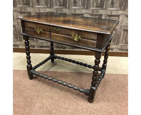 18TH CENTURY OAK SIDE TABLE, the frieze drawer with shaped brass swing handles and escutcheon, on four turned bobbin legs joi