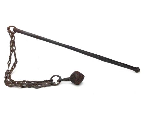 EARLY 20TH CENTURY INDO-PERSIAN KABASTIN FLAIL, the spherical ball attached to a link chain and iron stick, 90cm long overall