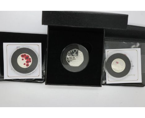 2018 IOM silver proof 50p, Coronation Oath, with two silver proof £1, 2019 Remembrance Day and 2021 Lifeboats, all with certi