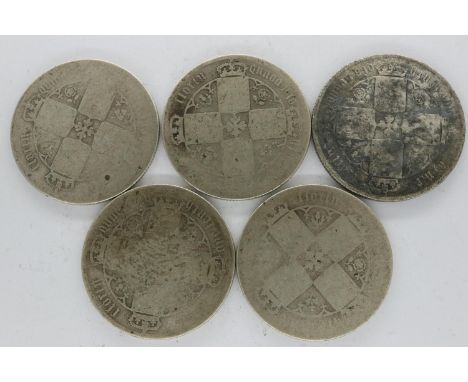 Five Victorian silver Gothic florins. UK P&amp;P Group 0 (£6+VAT for the first lot and £1+VAT for subsequent lots) 