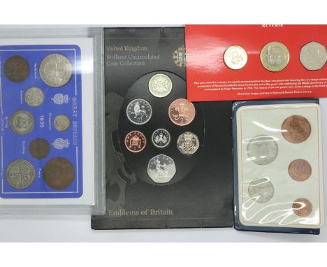 UK coin sets, including 1935 (KGV), 2004 UNC three-coin set, First Decimal Coins and 2008 UNC Emblems of Britain set (4). UK 