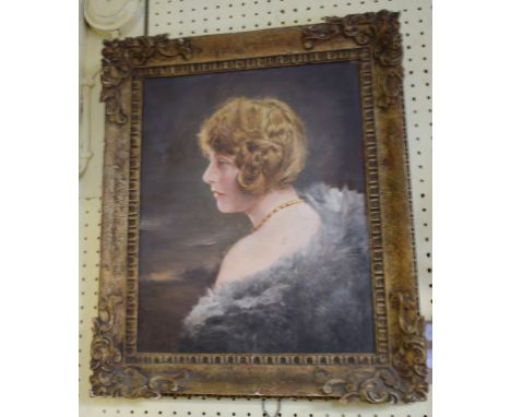 English school, 20th century, a head and shoulders portrait of a lady wearing an amber necklace, oil on canvas, 37 x 29.5 cm 