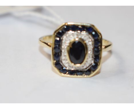 A 9ct gold, sapphire and diamond Art Deco style ring