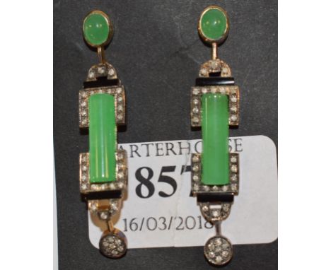 A pair of 9ct gold, silver, jade, diamond and onyx Art Deco style earrings Condition report Report by NG

Modern items.  Ston