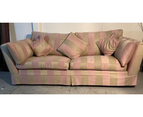 A three seater Duresta sofa, upholstered with a pink and gold striped pattern 