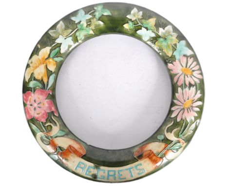 A vintage 20th Century ceramic tub lined wreath / wall hanging decorated with floral sprays of Art Nouveau influence with Reg