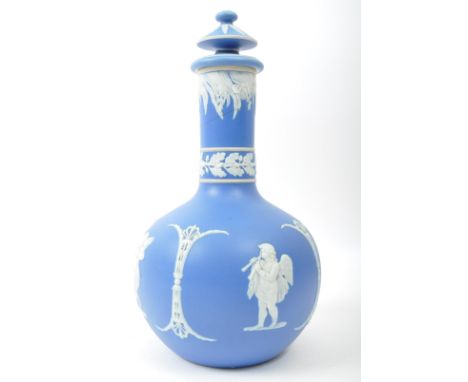 A Victorian 19th century Samuel Lear jasperware ceramic lidded vase. The vase having a straight tall neck over bulbous body d