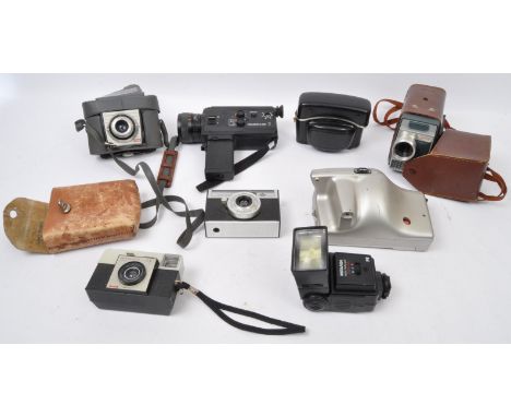 A collection of vintage 20th Century film cameras. Comprising of; Parator iso rapid, Kodak bantam colorsnap, polaroid joycam,