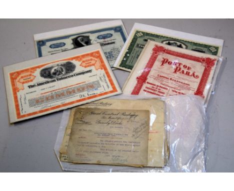 A selection of printed ephemera including share certificates and bonds etc