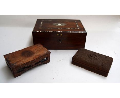 A Victorian rosewood writing slope with mother of pearl and white metal inlay to top, purple velvet lining, glass ink well, a